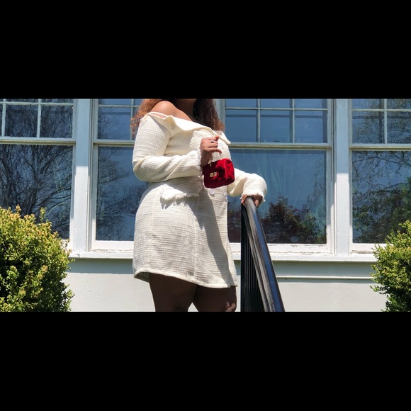 White Tweed Off Shoulder Blazer Dress - Picture 6 of 7
